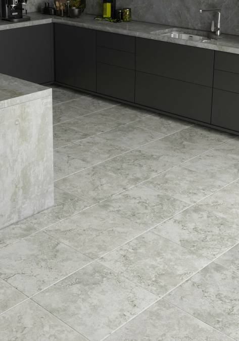 Grey porcelain tile floor in a kitchen