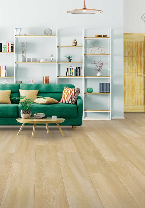 wide plank light laminate flooring in a mid-century style living room